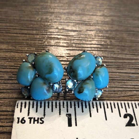 Faux Turquoise Clip Earrings Rhinestone Accents - Picture 8 of 8